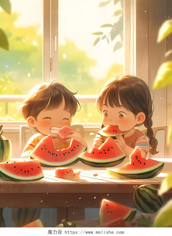 夏天皮克斯风格儿童坐着吃西瓜的卡通插画